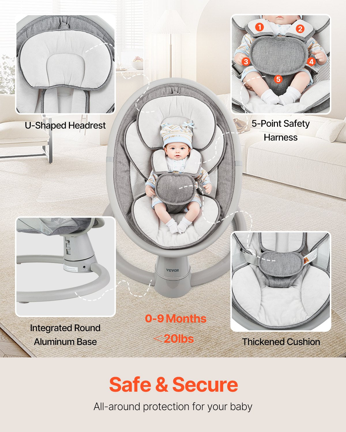 Baby Swing for Infants 5 Speeds Remote Control Bluetooth Lullabies Pillow