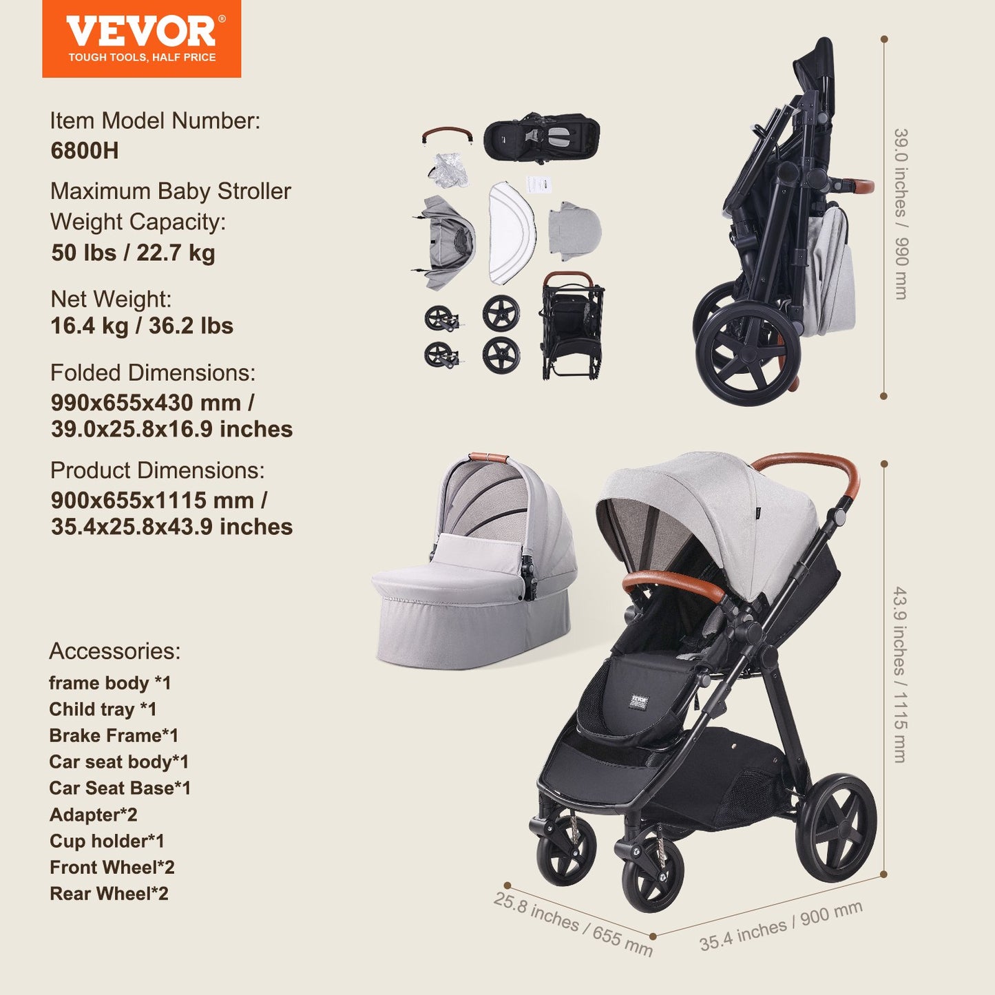 Travel System Stroller with Infant Bassinet, 2-in-1 Baby Cradle Stroller Combo, Reversible Seat, Easy One-button Folding, EVA Tires with Brake Aluminum Stroller Carseat Combo Set (Light Gray)