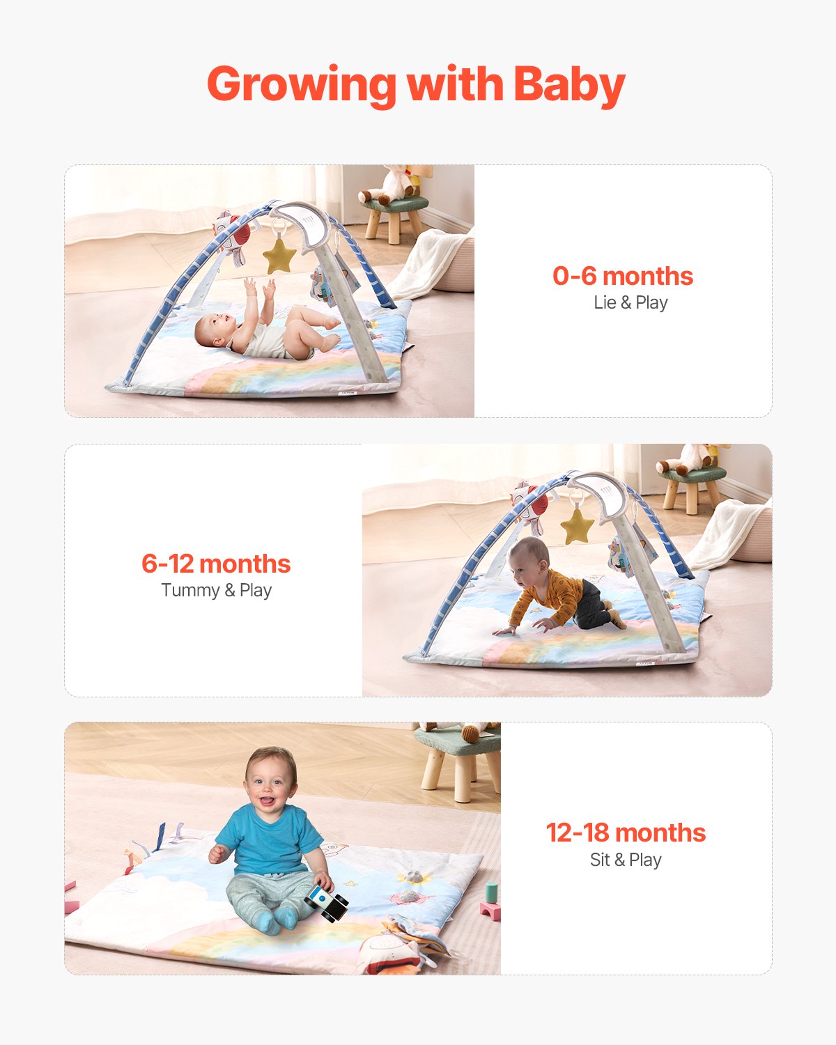 Baby Play Gym Mat Tummy Time Activity Mat with 6 Sensory Toys 35.0" x 35.0