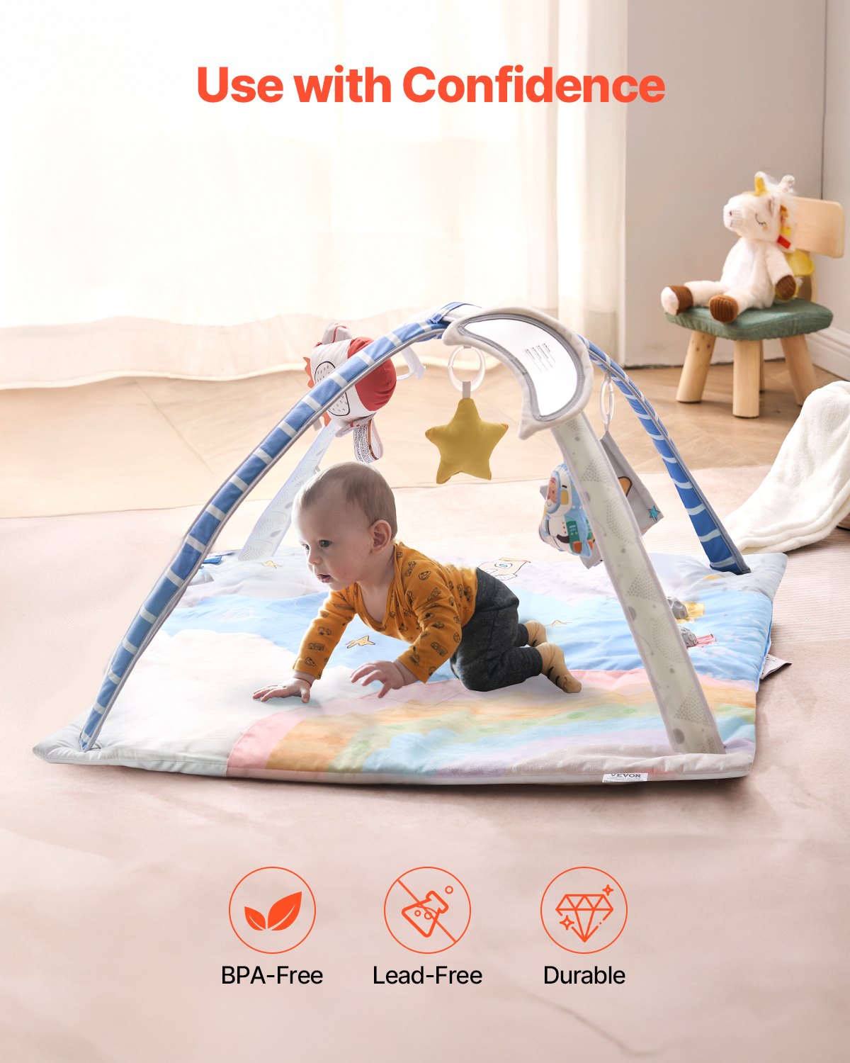 Baby Play Gym Mat Tummy Time Activity Mat with 6 Sensory Toys 35.0" x 35.0