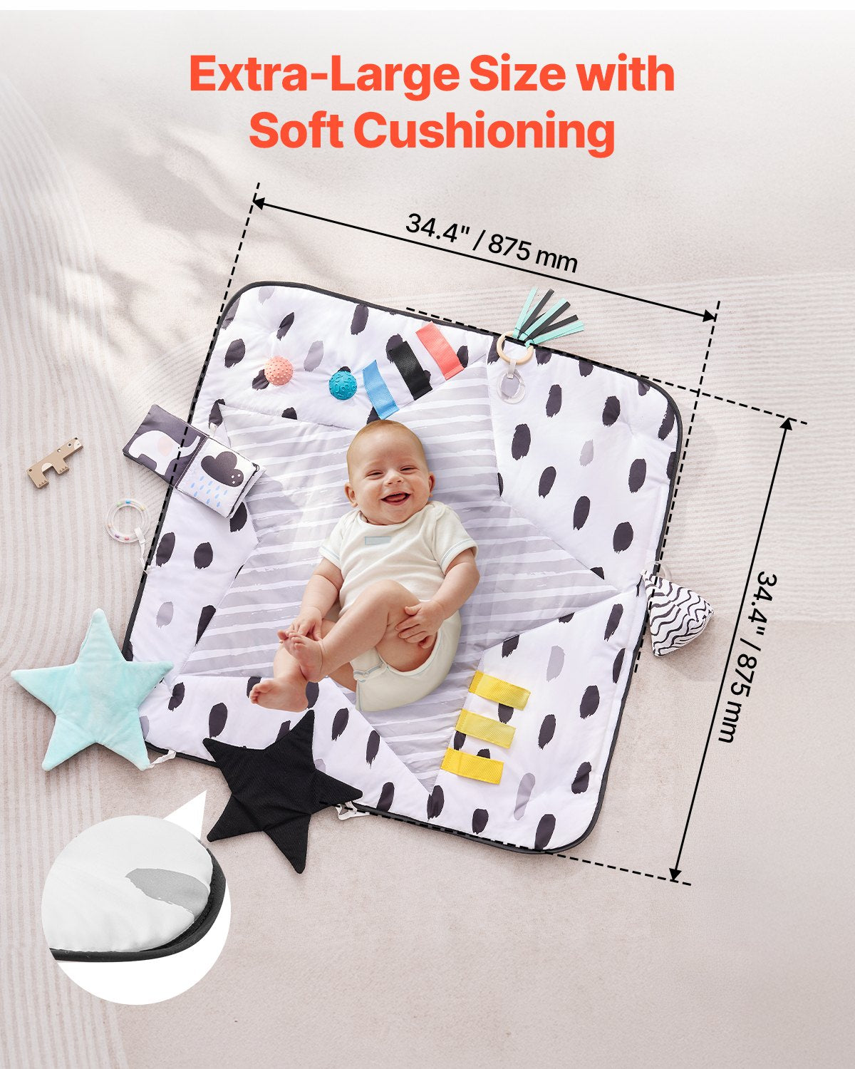 Baby Play Gym Mat Tummy Time Activity Mat with 6 Sensory Toys 34.4" x 34.4