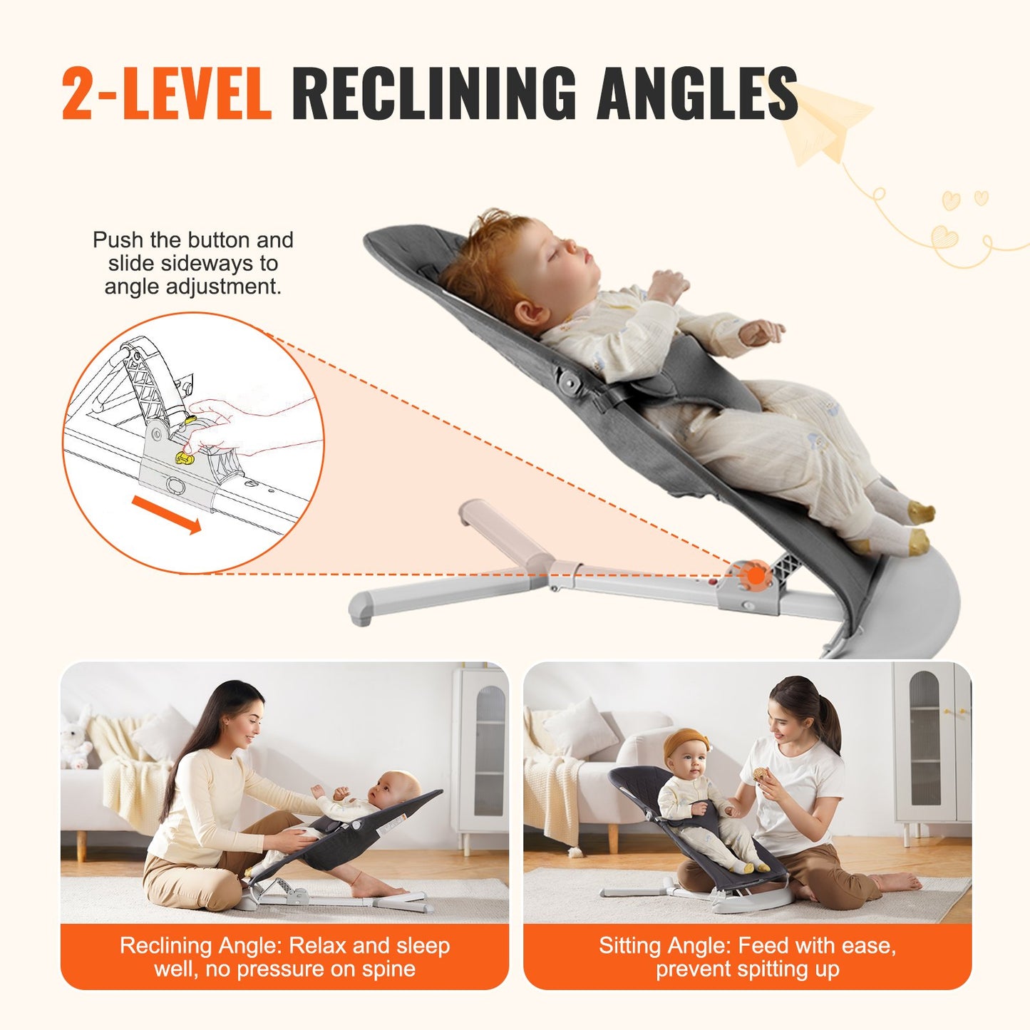 Baby Bouncer Folding Bouncer Seat Stol för spädbarn med 2 lutningsvinklar