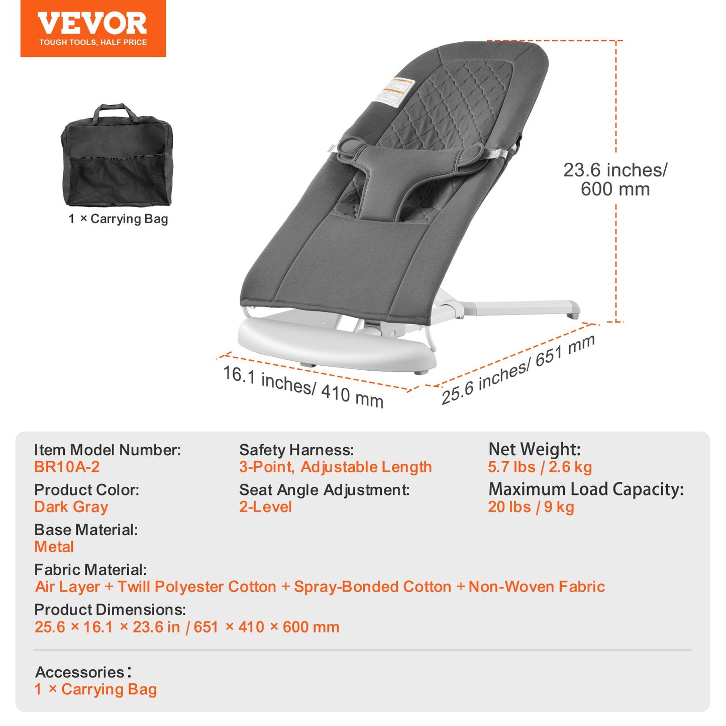 Baby Bouncer Folding Bouncer Seat Stol för spädbarn med 2 lutningsvinklar