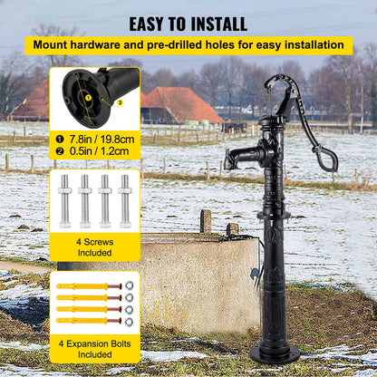 Hand Water Pump with Stand, 15.7 x 9.4 x 53.1 Inch Jug Pump and 26 Inch Pump Stand with Pre-Set 1/2" Holes for Easy Installation, Rustic Cast Iron Well Pump for Garden, Yard, Yard Irrigation, Black