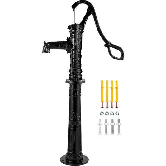 Hand Water Pump with Stand, 15.7 x 9.4 x 53.1 Inch Jug Pump and 26 Inch Pump Stand with Pre-Set 1/2" Holes for Easy Installation, Rustic Cast Iron Well Pump for Garden, Yard, Yard Irrigation, Black