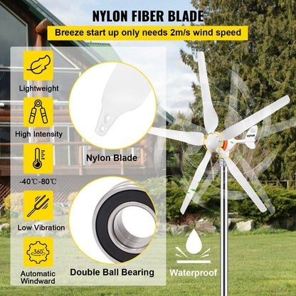 Wind turbine generator, 12V/AC wind turbine kit, 500W wind power generator with MPPT controller 5 blades Automatic adjustment upwards Suitable for terrace, marine, motorhome, cottage, boat