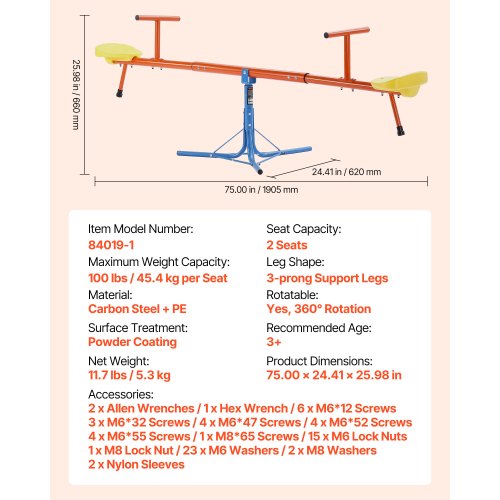 Children's Seesaw 100 lbs Capacity 360 Degree Rotating Seesaw From Age 3