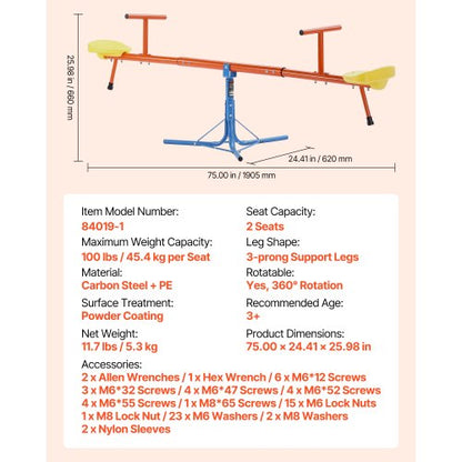 Children's Seesaw 100 lbs Capacity 360 Degree Rotating Seesaw From Age 3