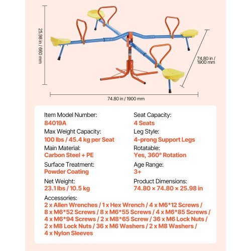 Seesaw for children, 2-4 people, 50 kg capacity, 360 degree rotating seesaw, age 3+