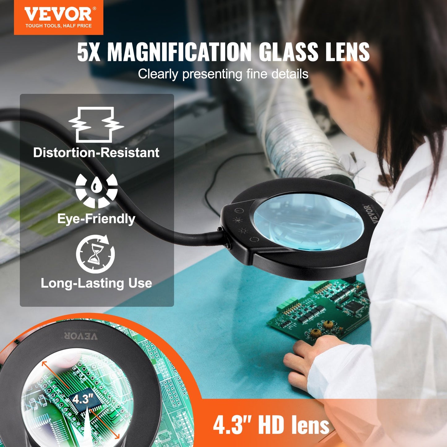 5X golvförstoringsglas med ljus och stativ flexibel svanhals LED