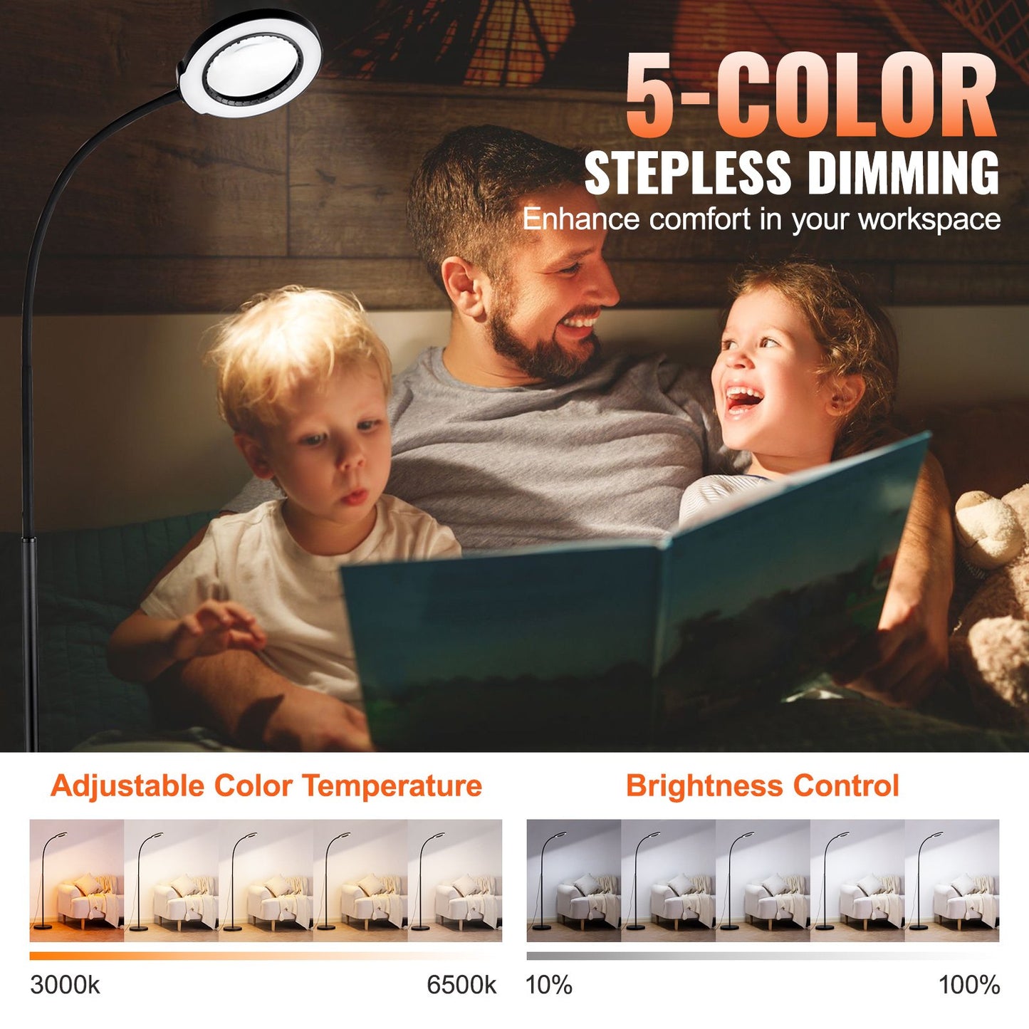5X golvförstoringsglas med ljus och stativ flexibel svanhals LED