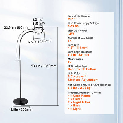 5X golvförstoringsglas med ljus och stativ flexibel svanhals LED