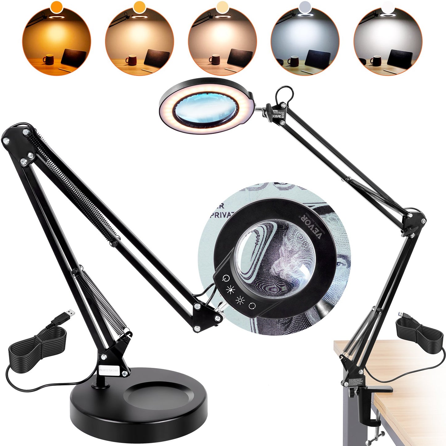 Magnifying glass with light &amp; base 5X magnifying lamp 4.3" lens 5 color