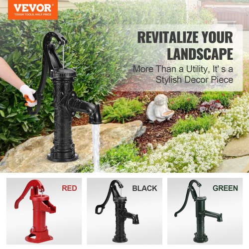 Antique Hand Water Pump 14.6 x 5.9 x 25.6 Inch Jug Pump with Handle Cast Iron Well Pump with Pre-Set 0.5" Holes for Easy Installation Old Fashion Jug Hand Pump for Garden Ponds Garden Black | EU