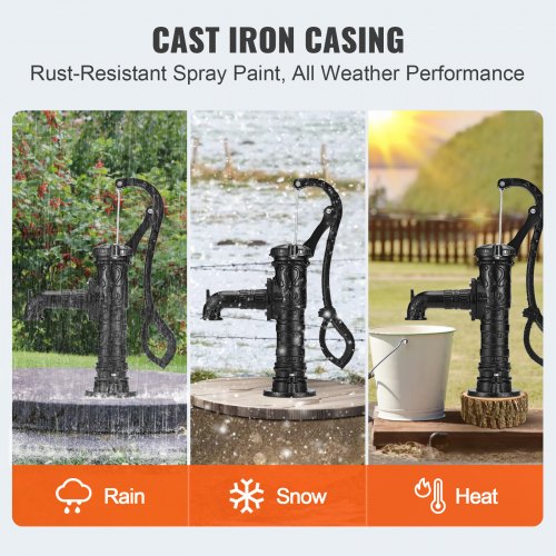 Antique Hand Water Pump 14.6 x 5.9 x 25.6 Inch Jug Pump with Handle Cast Iron Well Pump with Pre-Set 0.5" Holes for Easy Installation Old Fashion Jug Hand Pump for Garden Ponds Garden Black | EU