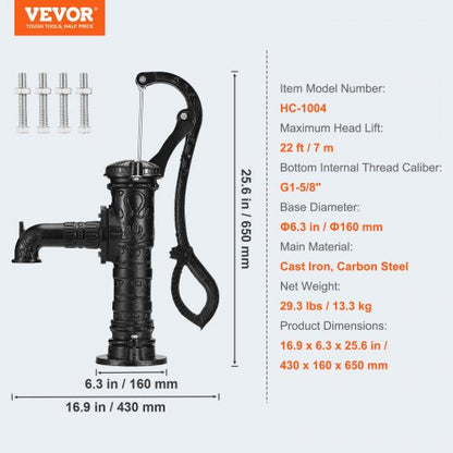 Antique Hand Water Pump 14.6 x 5.9 x 25.6 Inch Jug Pump with Handle Cast Iron Well Pump with Pre-Set 0.5" Holes for Easy Installation Old Fashion Jug Hand Pump for Garden Ponds Garden Black | EU