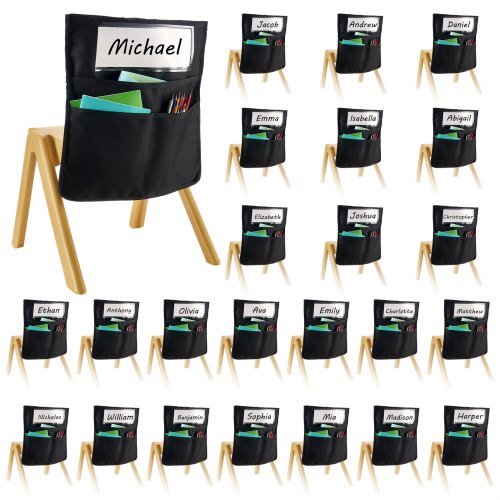 Stolfickor för klassrum 24-pack sittfickor med namnskylt svart