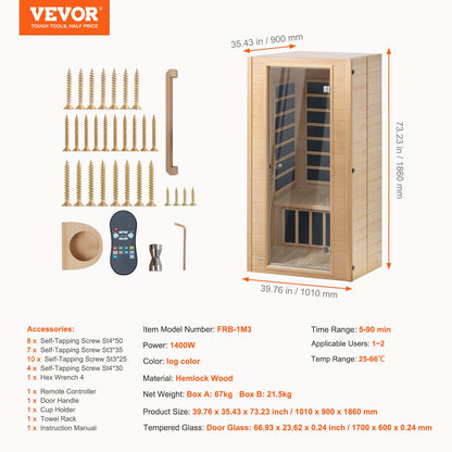 Ferninfrarot-Sauna aus Holz, Home Spa für 1 bis 2 Personen, 1400 W