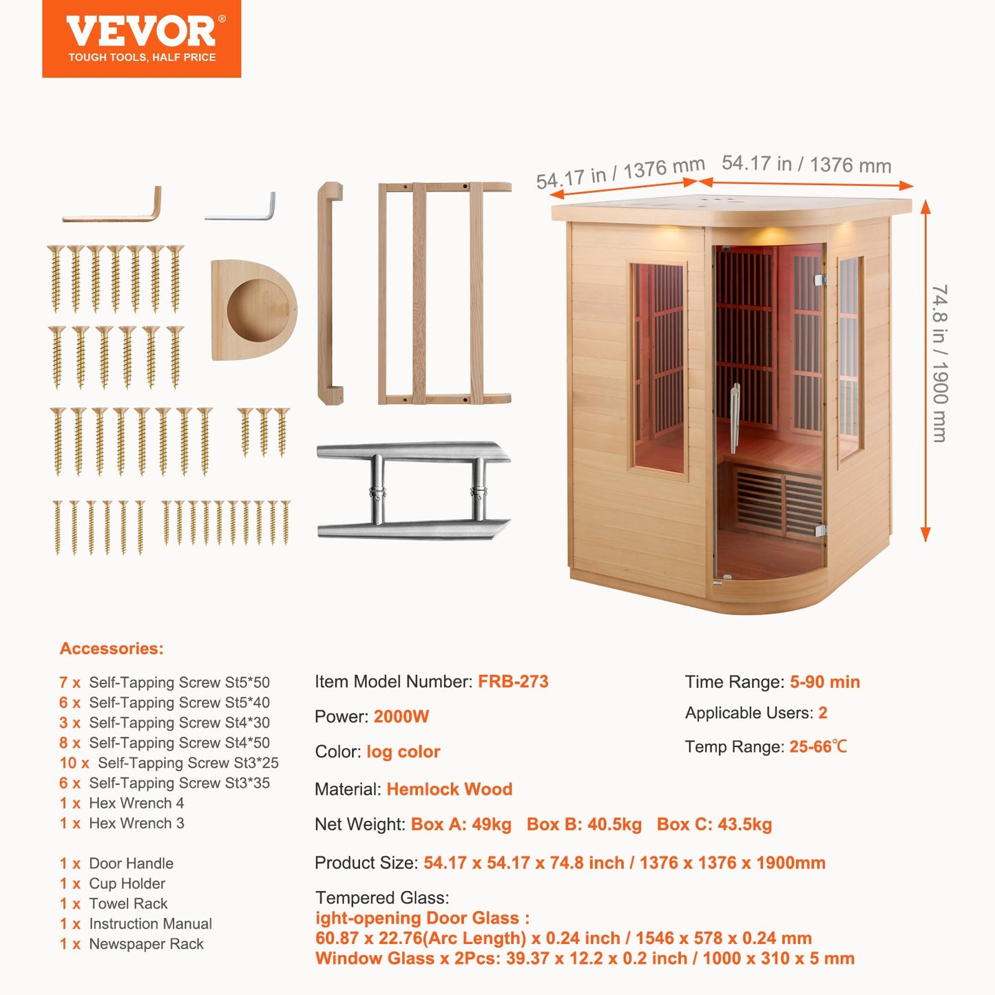 Ferninfrarot-Holzsauna, Heimsauna, Spa für 2 Personen, 1850 W