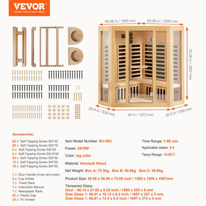 Ferninfrarot-Sauna aus Holz, Heimsauna, Spa für 3 bis 4 Personen, 2470 W