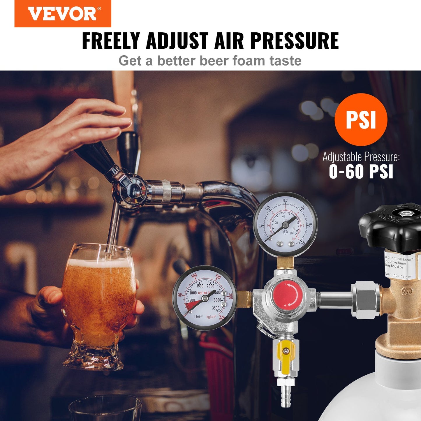 Double Gauge Regulator, CO2 Regulator Gauge with 0-60PSI, Heavy Duty CO2 Gauge Gas System, Fat Beer Regulator with Check Valve, Adjustable Pressure Regulator for Fat Beer Homebrew, CGA320