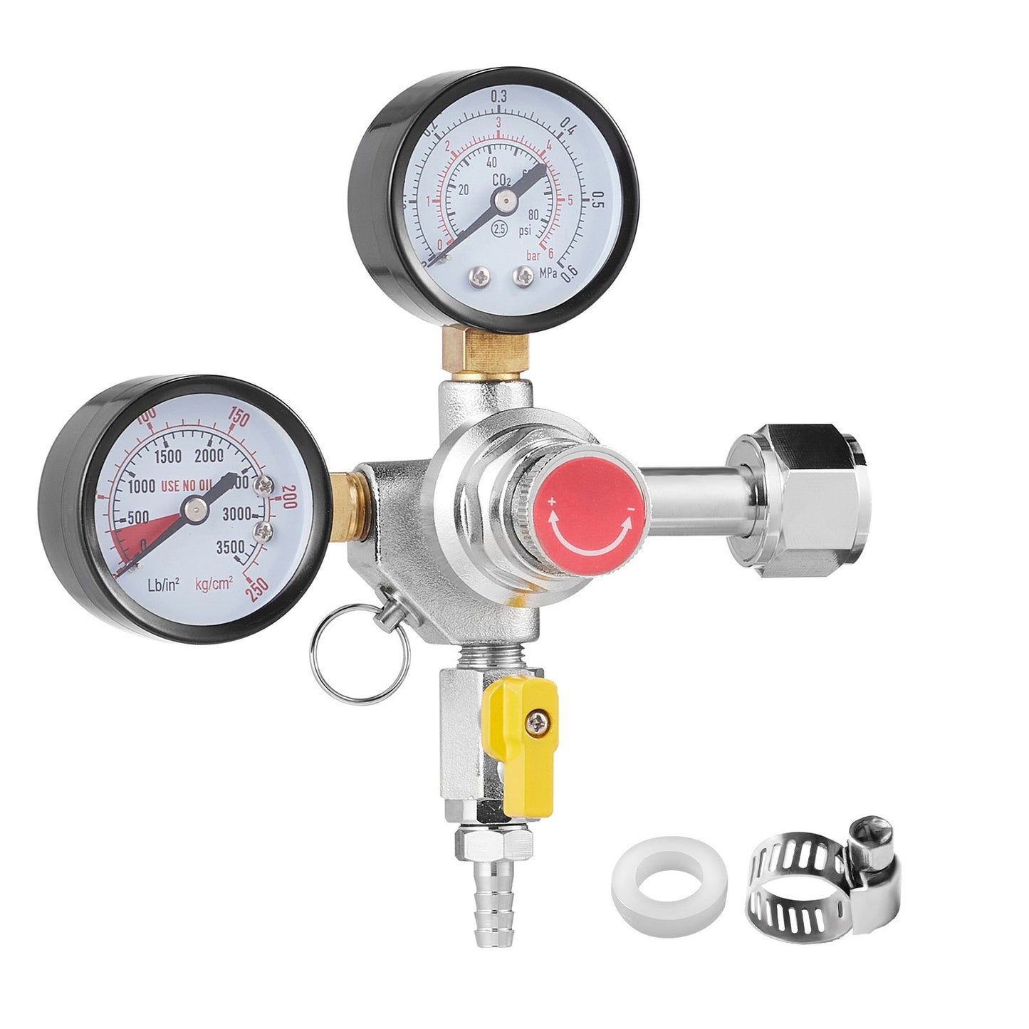 Double Gauge Regulator, CO2 Regulator Gauge with 0-60PSI, Heavy Duty CO2 Gauge Gas System, Fat Beer Regulator with Check Valve, Adjustable Pressure Regulator for Fat Beer Homebrew, CGA320