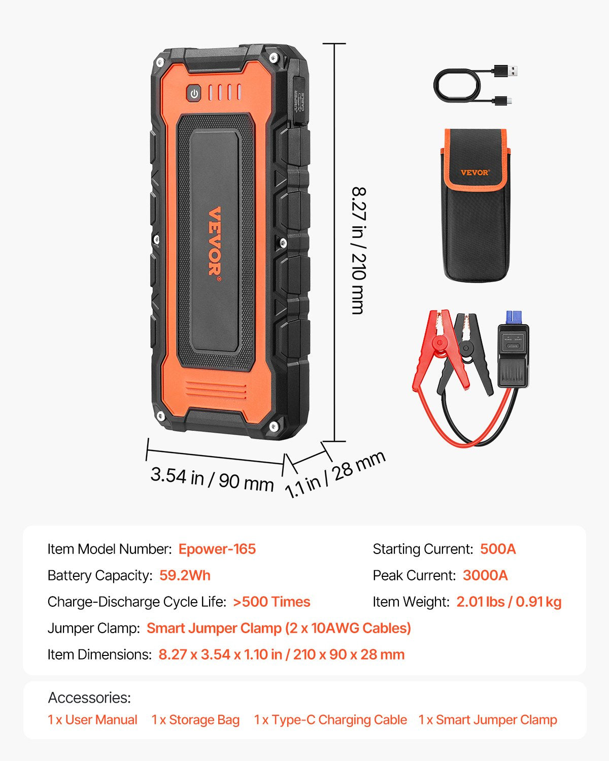 Jump Starter 3000A 59.2Wh Lithium Booster Jumper Box Portable Power Bank