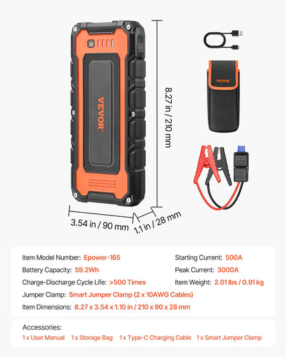 Jump Starter 3000A 59.2Wh Lithium Booster Jumper Box Portable Power Bank