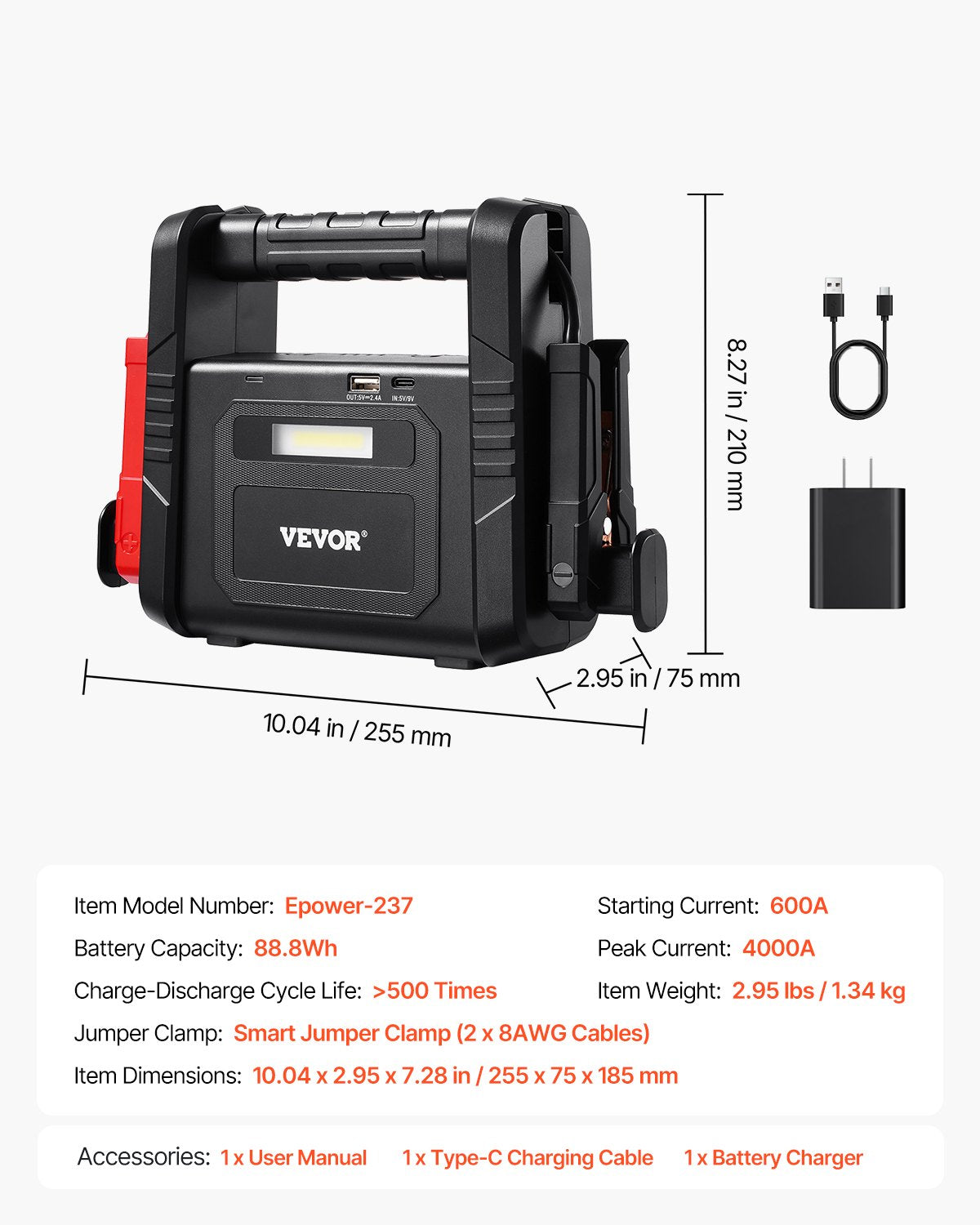 Jump Starter 4000A 88.8Wh Lithium Booster Jumper Box Portable Power Bank