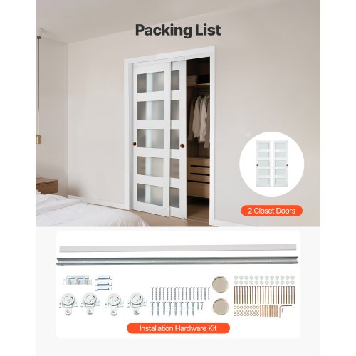 Skjutdörr till garderob, 1219 mm (dubbel 635 mm) x 2032 mm, 5-liters skjutdörrar i frostat glas med beslag, massivt trä och MDF-skiva med vattentät PVC-yta för garderober i sovrum |  EU