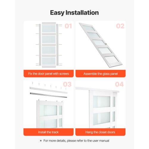 Skjutdörr till garderob, 1219 mm (dubbel 635 mm) x 2032 mm, 5-liters skjutdörrar i frostat glas med beslag, massivt trä och MDF-skiva med vattentät PVC-yta för garderober i sovrum |  EU