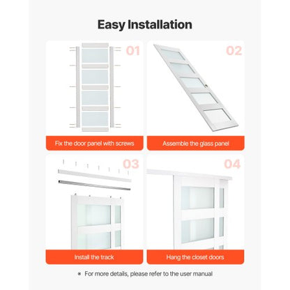 Skjutdörr till garderob, 1219 mm (dubbel 635 mm) x 2032 mm, 5-liters skjutdörrar i frostat glas med beslag, massivt trä och MDF-skiva med vattentät PVC-yta för garderober i sovrum |  EU