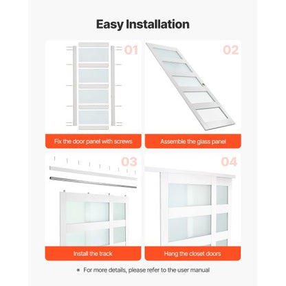 Skjutdörr till garderob, 1524 mm (dubbel 787 mm) x 2032 mm, 5-liters skjutdörrar i frostat glas med beslag, massivt trä och MDF-skiva med vattentät PVC-yta för garderober i sovrum |  EU