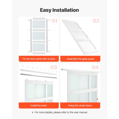 Skjutdörr till garderob, 1829 mm (dubbel 940 mm) x 2032 mm, 3-liters skjutdörrar i frostat glas med beslag, massivt trä och MDF-skiva med vattentät PVC-yta för garderober i sovrum |  EU