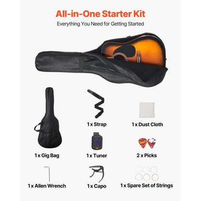 41-tums Dreadnought Akustisk Gitarr Nybörjarpaket Gigbag Vuxen Sunburst