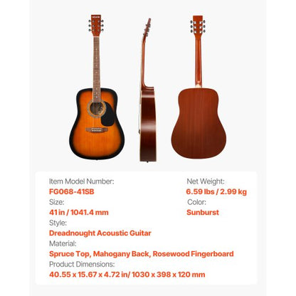 41-tums Dreadnought Akustisk Gitarr Nybörjarpaket Gigbag Vuxen Sunburst