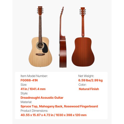 41-tums Dreadnought Akustisk Gitarr Natural Nybörjarpaket Gigbag Vuxen