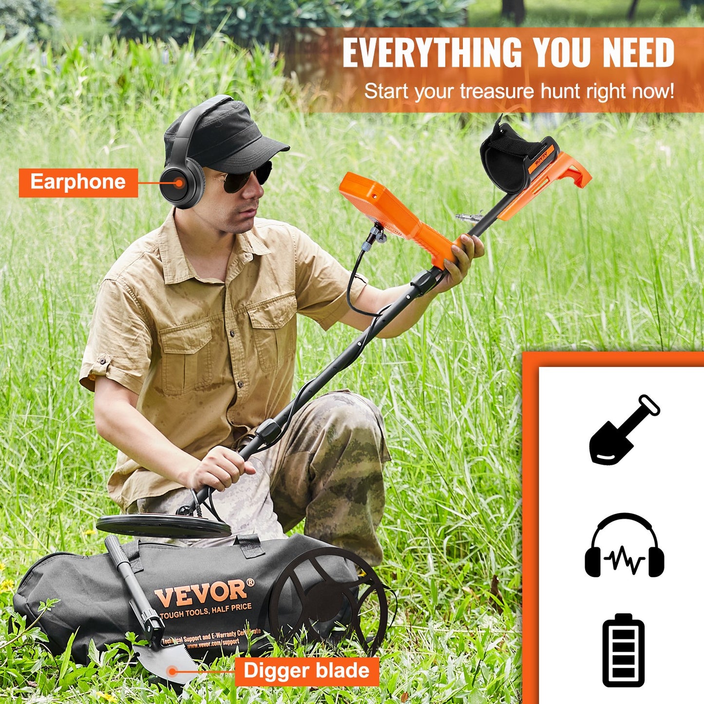Vattentät metalldetektor, 12" spole, professionell uppladdningsbar gulddetektor, 39-50 tum Justerbar med LCD 7 lägen Advanced DSP Chip Bluetooth Headset, IP68 för att upptäcka guldskattjakt