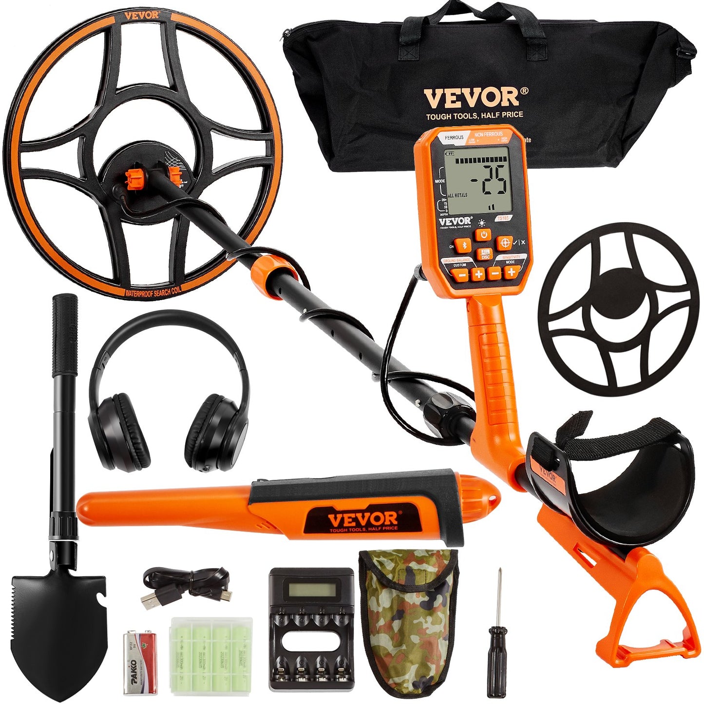 Vattentät metalldetektor, 12" spole, professionell uppladdningsbar gulddetektor, 39-50 tum Justerbar med LCD 7 lägen Advanced DSP Chip Bluetooth Headset, IP68 för att upptäcka guldskattjakt