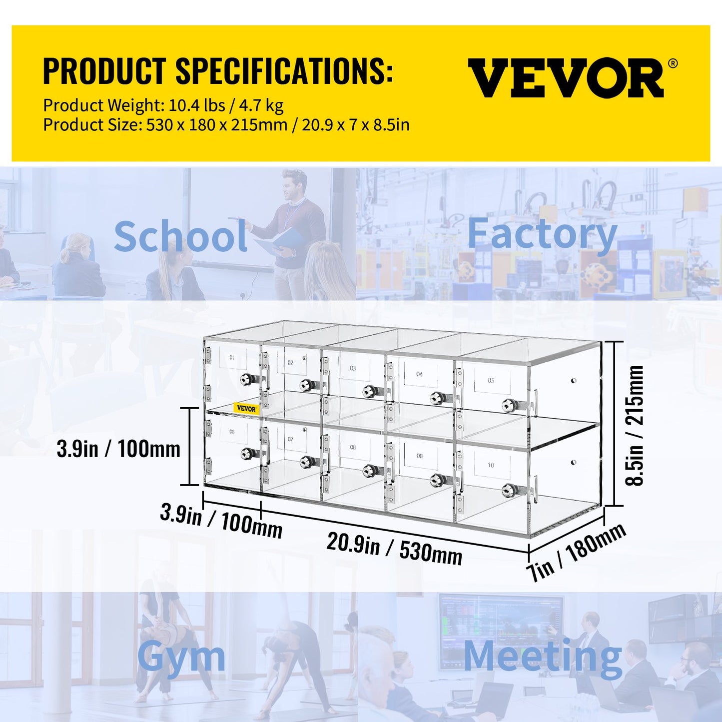 Förvaringsskåp för mobiltelefoner, akrylmaterial med 10 fack med dörrlås och nycklar, väggmonterad skåpficka Kontor Gymbox för klassrum, klar
