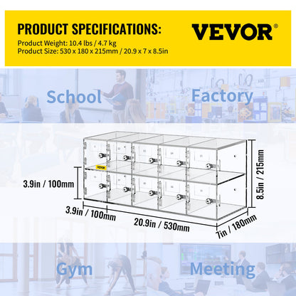 Förvaringsskåp för mobiltelefoner, akrylmaterial med 10 fack med dörrlås och nycklar, väggmonterad skåpficka Kontor Gymbox för klassrum, klar