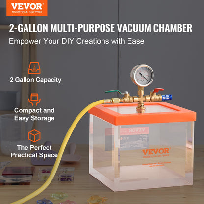 2 gallon vacuum chamber, upgraded multi-function acrylic vacuum degassing chamber, transparent vacuum chamber, for resin degassing, silica gel degassing, gypsum degassing and vacuum extraction