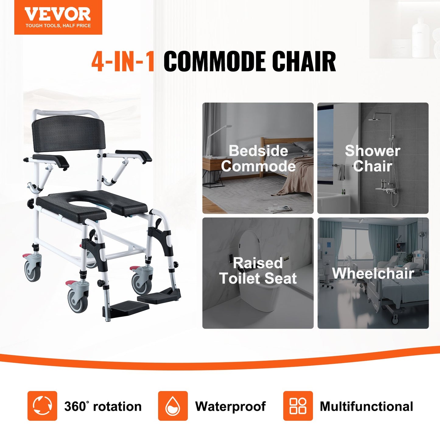 Shower Toilet Wheelchair with 4 Lockable Wheels, Footrest, Fold-Up Arms, 3-Level Adjustable Height, 5L Removable Bucket, 350 LBS Capacity, Toilet Seat for Adults Seniors