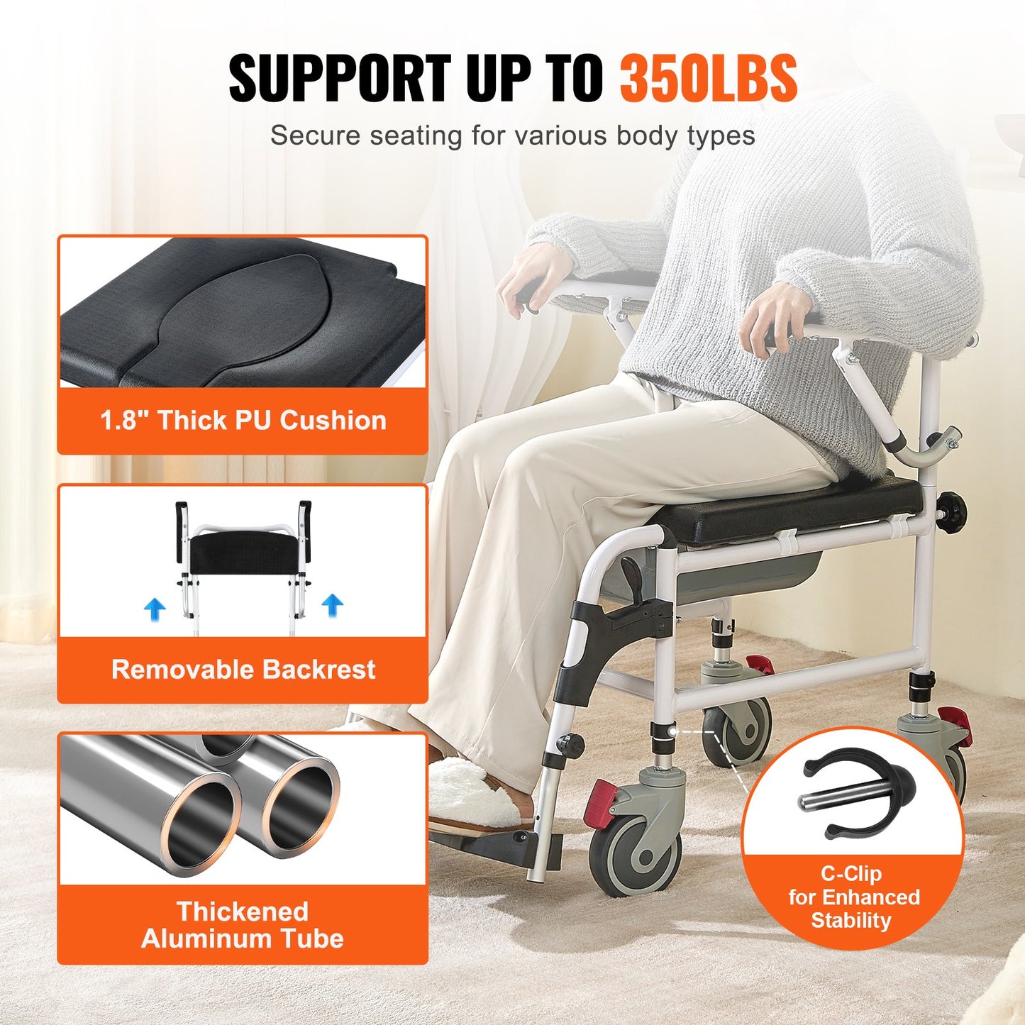 Shower Toilet Wheelchair with 4 Lockable Wheels, Footrest, Fold-Up Arms, 3-Level Adjustable Height, 5L Removable Bucket, 350 LBS Capacity, Toilet Seat for Adults Seniors