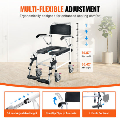 Shower Toilet Wheelchair with 4 Lockable Wheels, Footrest, Fold-Up Arms, 3-Level Adjustable Height, 5L Removable Bucket, 350 LBS Capacity, Toilet Seat for Adults Seniors