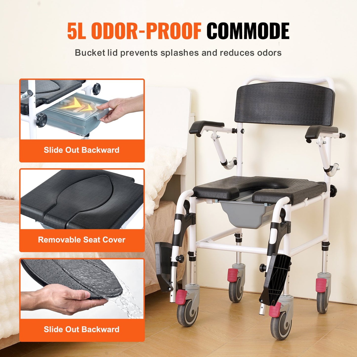 Shower Toilet Wheelchair with 4 Lockable Wheels, Footrest, Fold-Up Arms, 3-Level Adjustable Height, 5L Removable Bucket, 350 LBS Capacity, Toilet Seat for Adults Seniors
