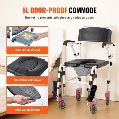 Shower Toilet Wheelchair with 4 Lockable Wheels, Footrest, Fold-Up Arms, 3-Level Adjustable Height, 5L Removable Bucket, 350 LBS Capacity, Toilet Seat for Adults Seniors