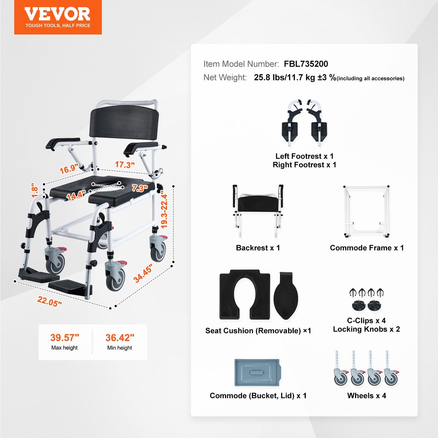 Shower Toilet Wheelchair with 4 Lockable Wheels, Footrest, Fold-Up Arms, 3-Level Adjustable Height, 5L Removable Bucket, 350 LBS Capacity, Toilet Seat for Adults Seniors