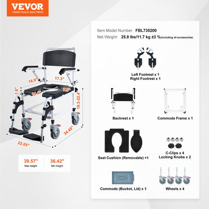 Shower Toilet Wheelchair with 4 Lockable Wheels, Footrest, Fold-Up Arms, 3-Level Adjustable Height, 5L Removable Bucket, 350 LBS Capacity, Toilet Seat for Adults Seniors