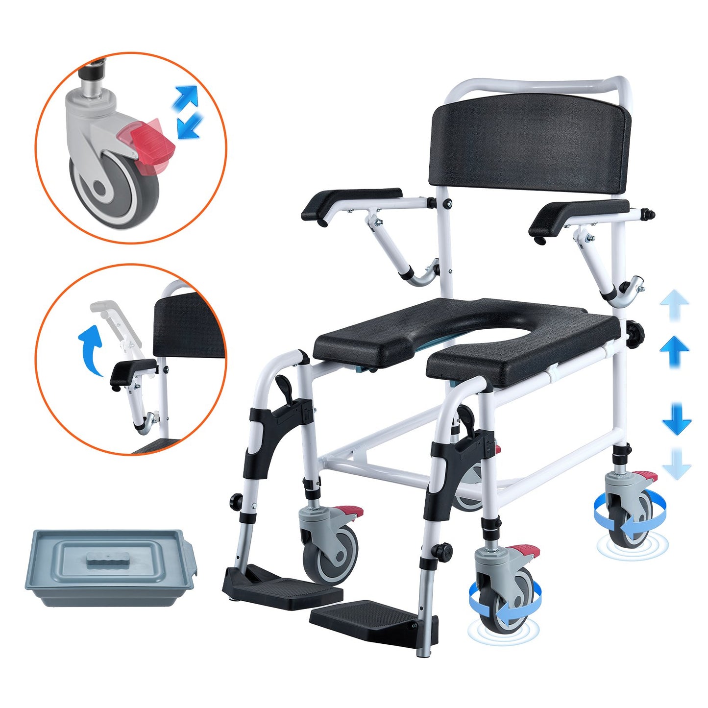 Shower Toilet Wheelchair with 4 Lockable Wheels, Footrest, Fold-Up Arms, 3-Level Adjustable Height, 5L Removable Bucket, 350 LBS Capacity, Toilet Seat for Adults Seniors